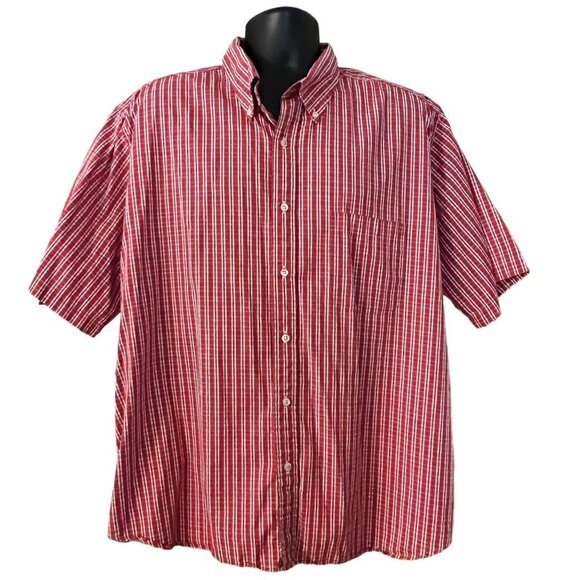 Land's End men's red short sleeve button down shirt size XL white/blue stripes - Picture 1 of 7